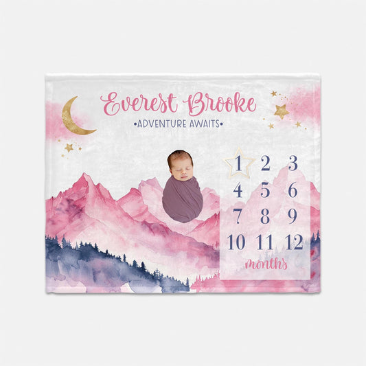 Adventure Awaits, Pink Mountains Milestone Blanket, M34