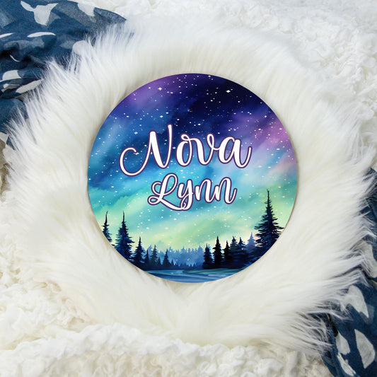 Northern Lights Round Wood Name Sign, T74