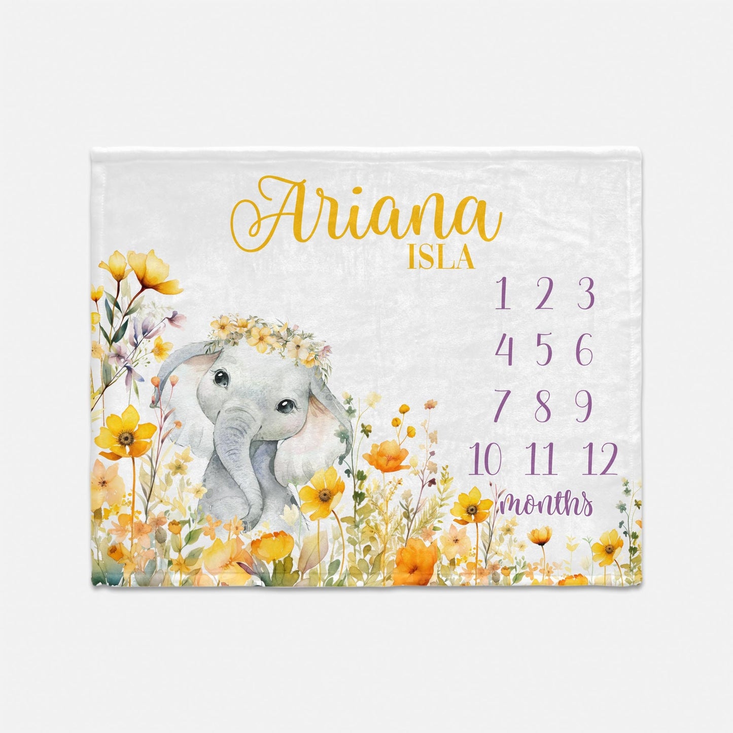 Elephant Yellow Wild flower Baby Milestone Blanket, S69