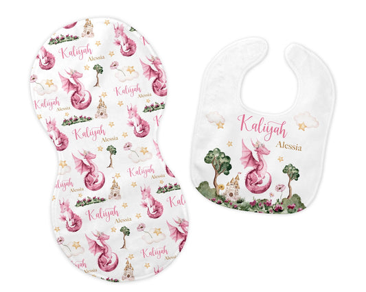 Girl Dragon Bib and Burp Cloth Set, G81