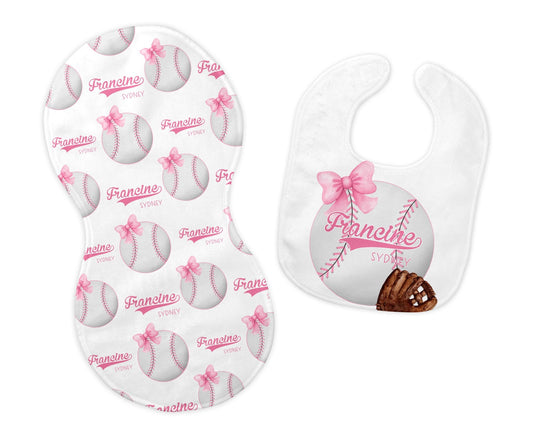 Girl Baseball Bib and Burp Cloth Set, G80