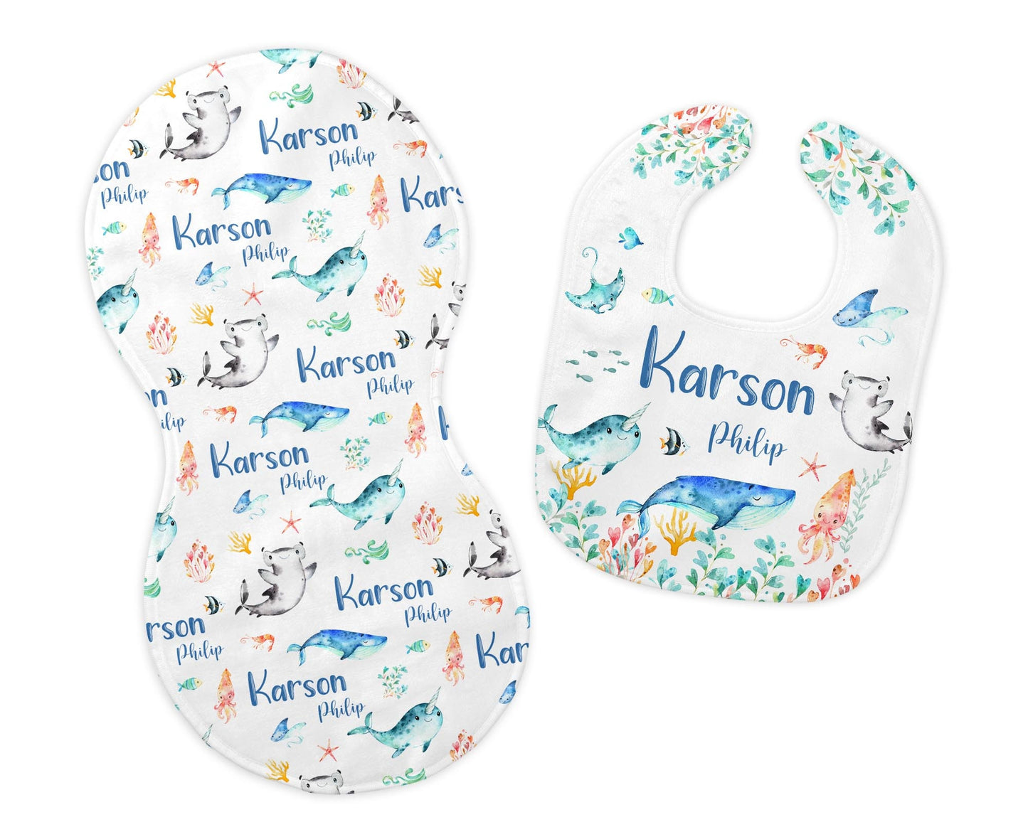 Under The Sea Bib and Burp Cloth Set, Shark, O42