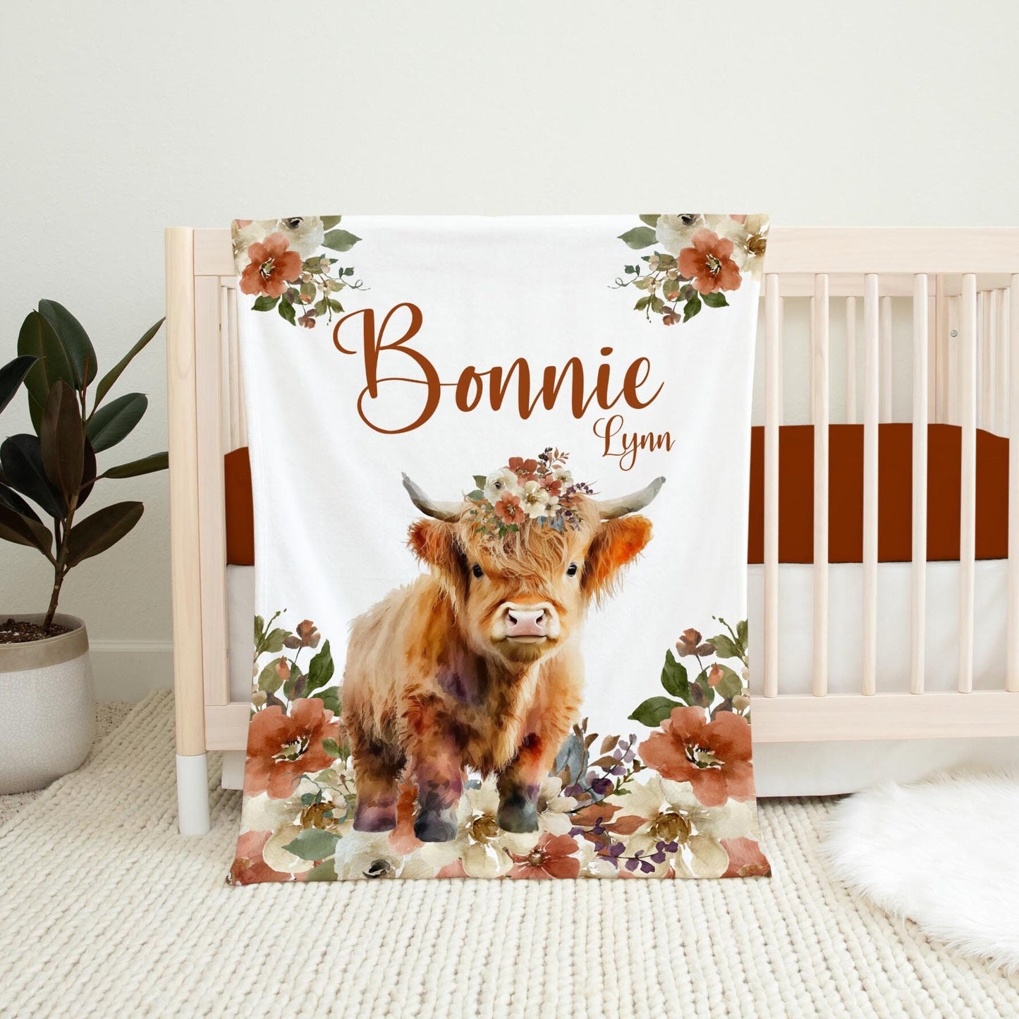 Girl Boho Highland Cow Personalized Baby Blanket, Farm Animal Theme, C52