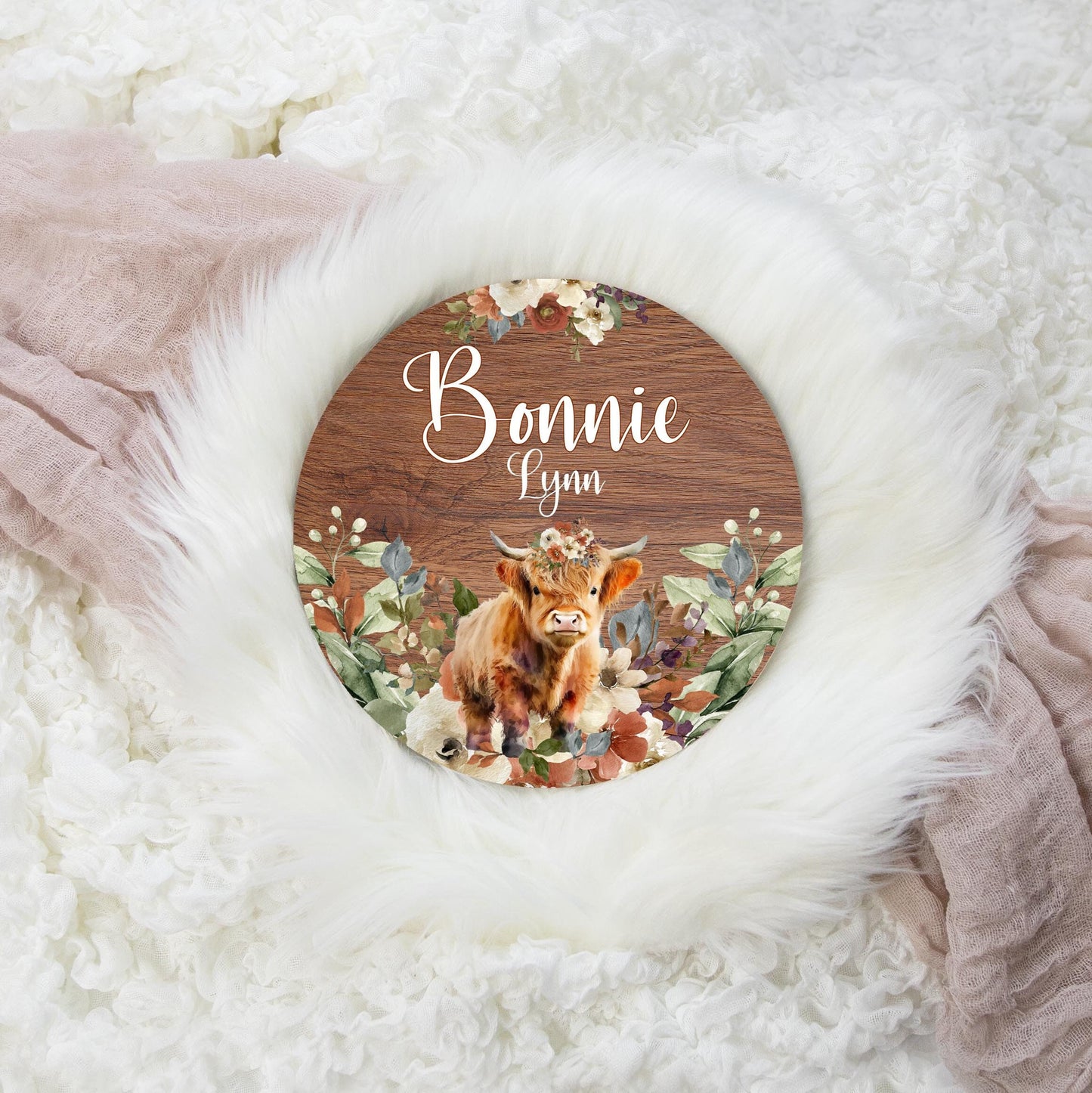 Boho Highland Cow Round Wood Name Sign, C52