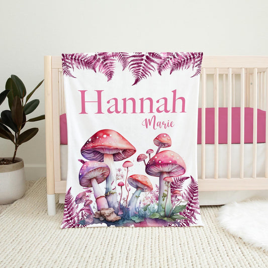 Pink Mushroom and Fern Baby Blanket, Woodland W64