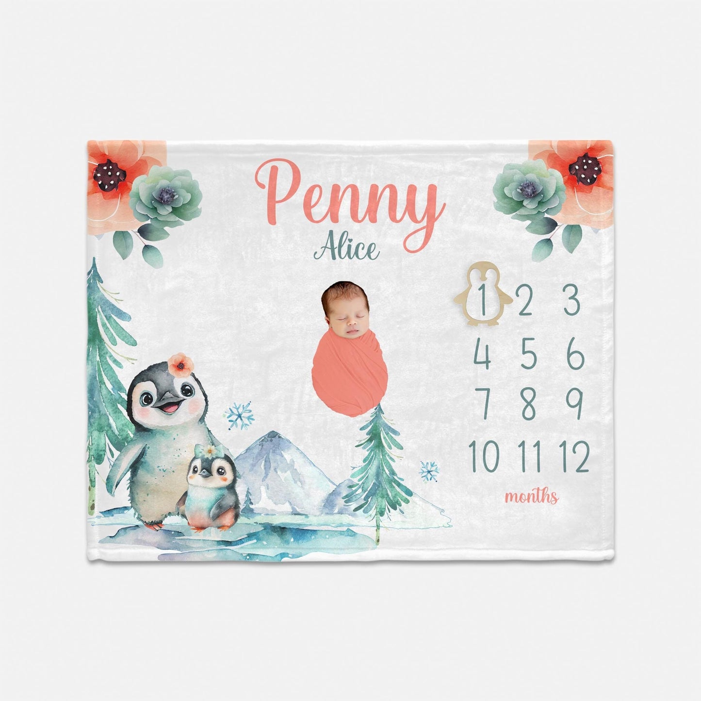 Girl Penguin Baby Milestone Blanket, G83