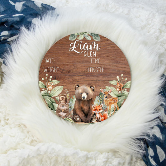 Woodland Birth Stat Sign, Round Wood Animals Sign W65