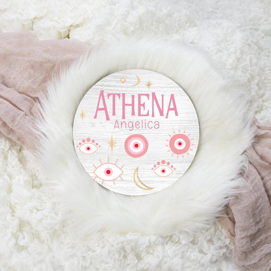 Evil Eye Protection Round Wood Name Sign, B70