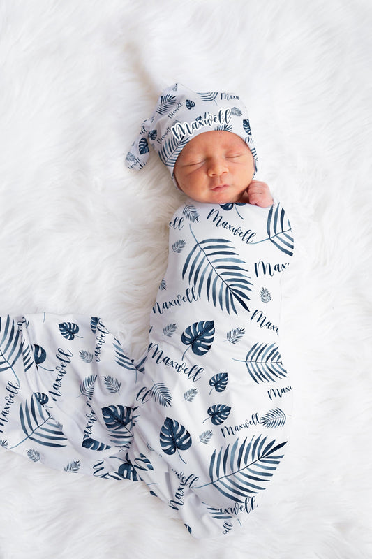 Blue Palm Leaves Tropical Baby Swaddle Blanket, F56