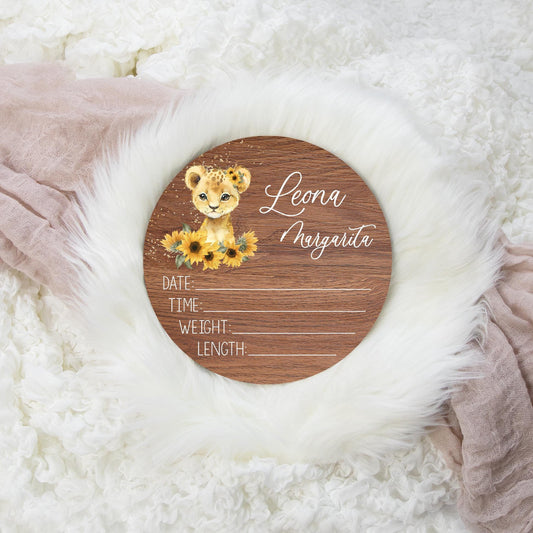 Lioness Round Wood Birth Stat Sign, Girl S71