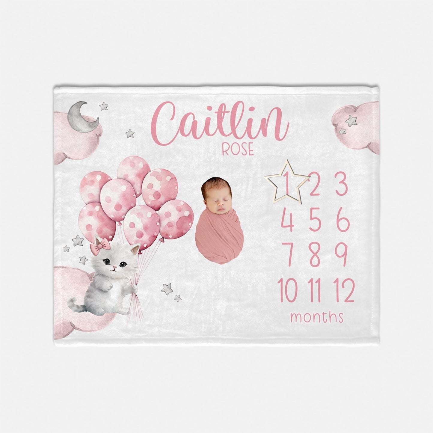 Girl Kitty Balloon Baby Milestone Blanket, G85