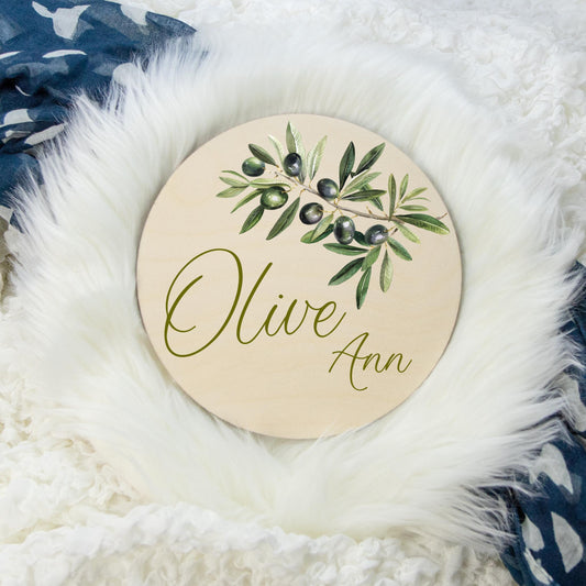 Olive Leaf Round Wood Name Sign, F109