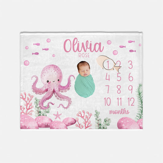 Girl Octopus Baby Milestone Blanket, Sea Life O47