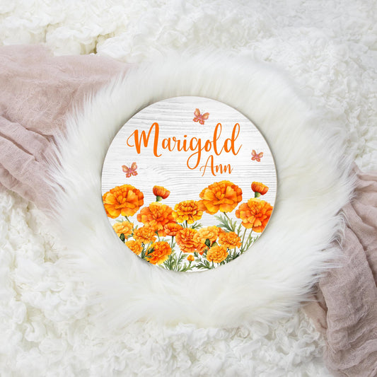 Marigold Floral Round Wood Name Sign, F107