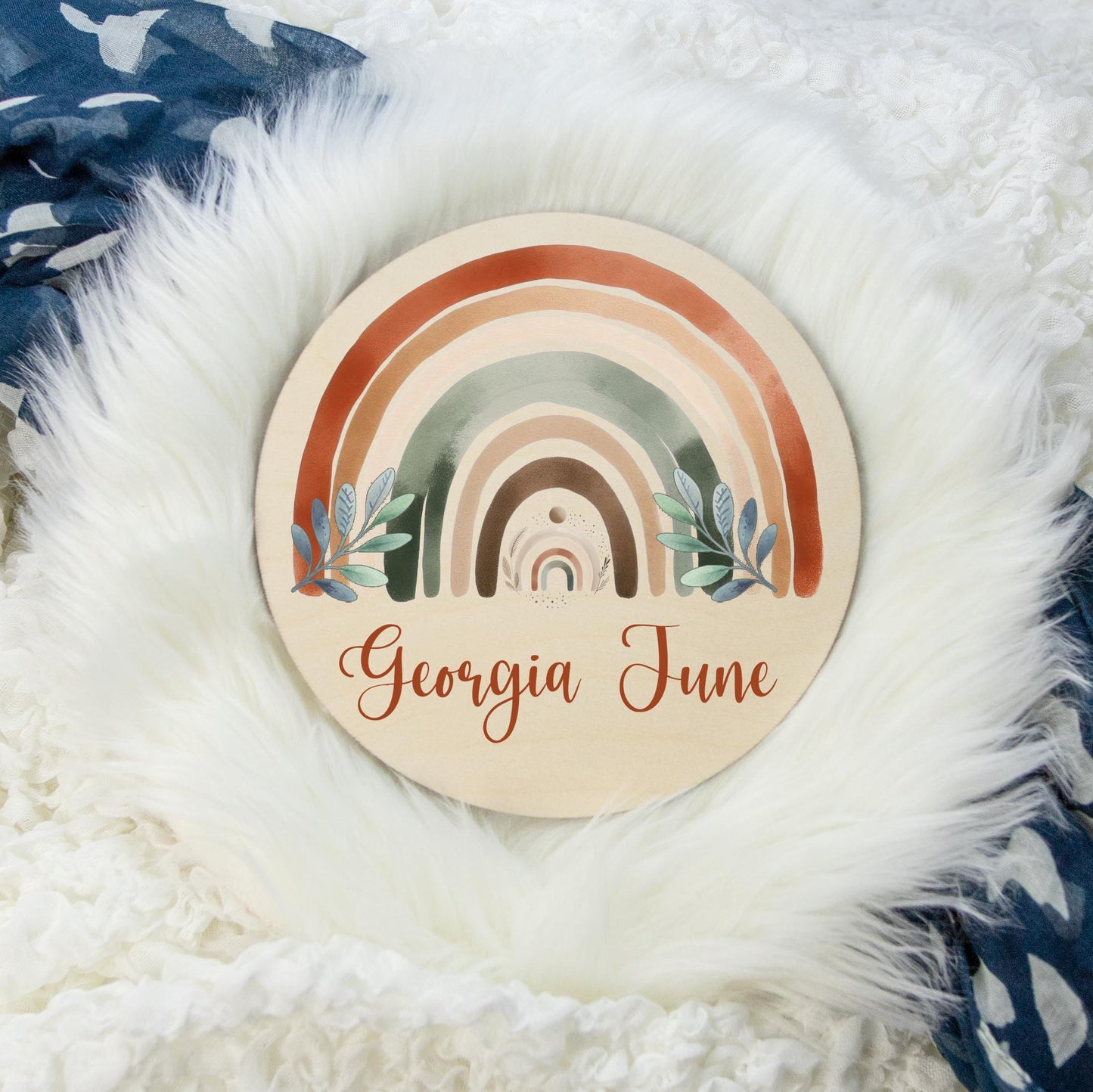 Neutral Rainbow Round Wood Name Sign, Boho T76