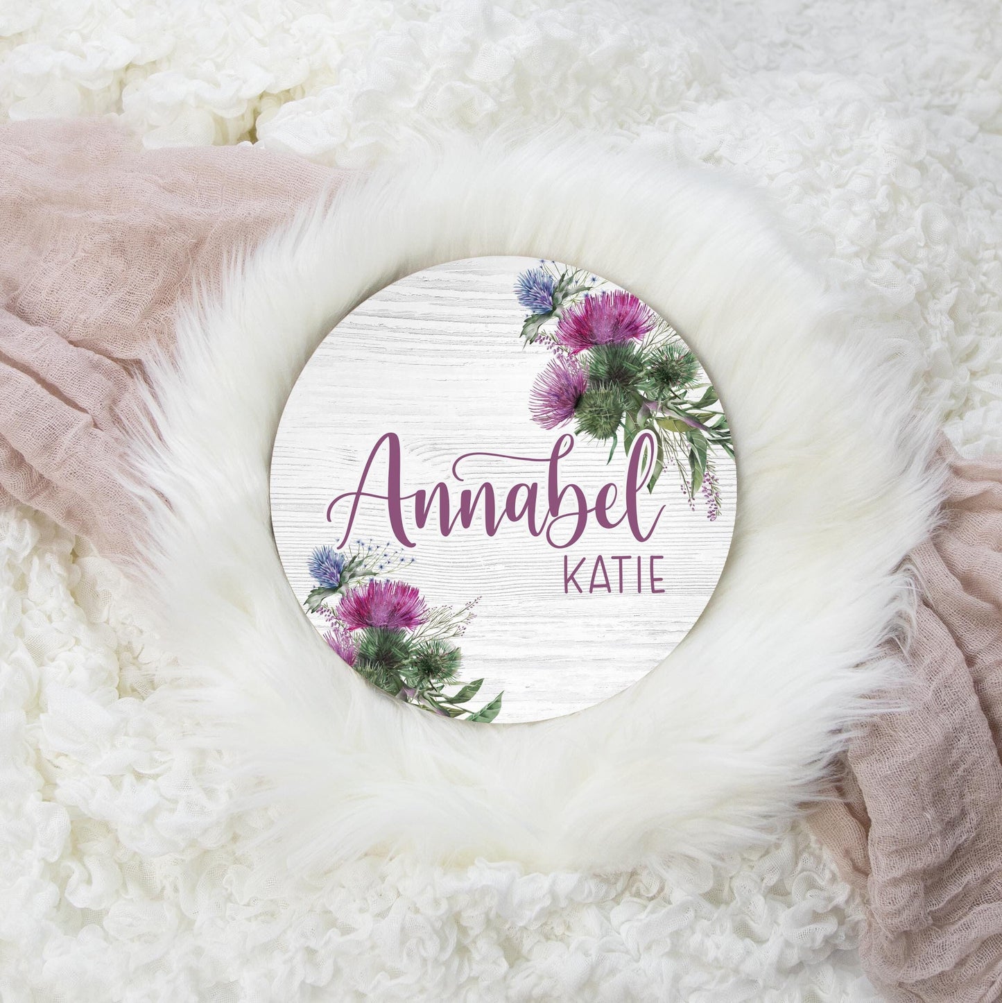 Thistle Floral Round Wood Name Sign, F111