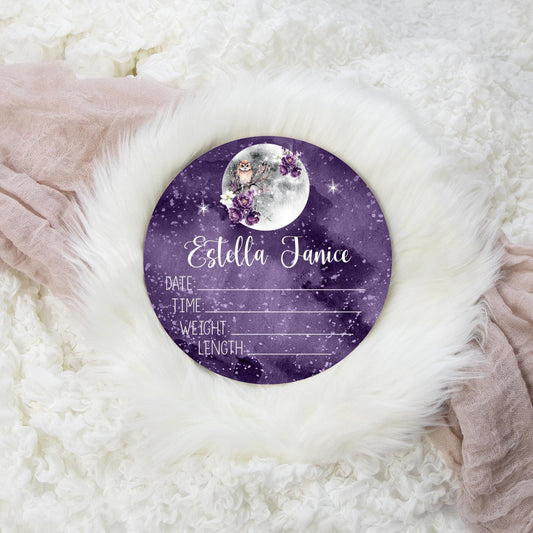 Owl Full Moon Round Wood Birth Stat Sign, T75