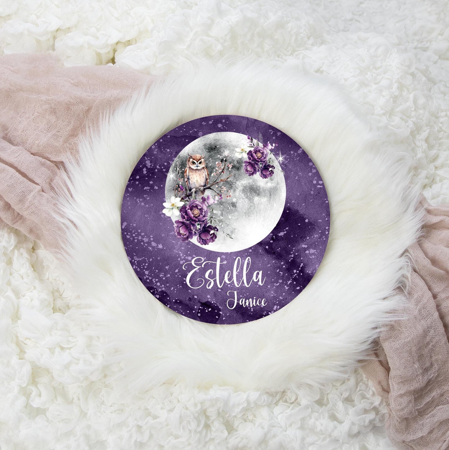 Owl Celestial Floral Round Wood Name Sign, T75