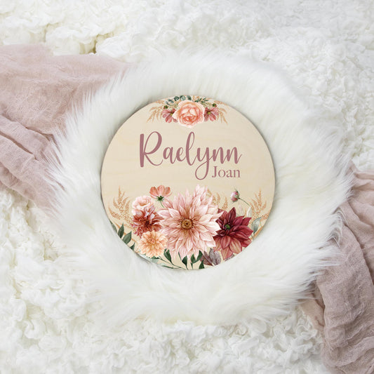 Boho Floral Round Wood Name Sign, F114