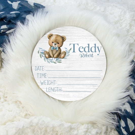 Boy Teddy Bear Round Wood Birth Stat Sign