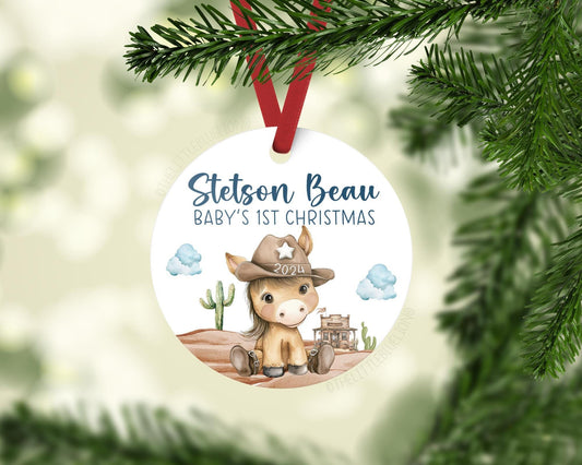 Cowboy Baby First Christmas Ornament, Personalized Baby Christmas Ornament, Western Cowboy Horse Baby Ornament, Holiday Baby Ornament D13