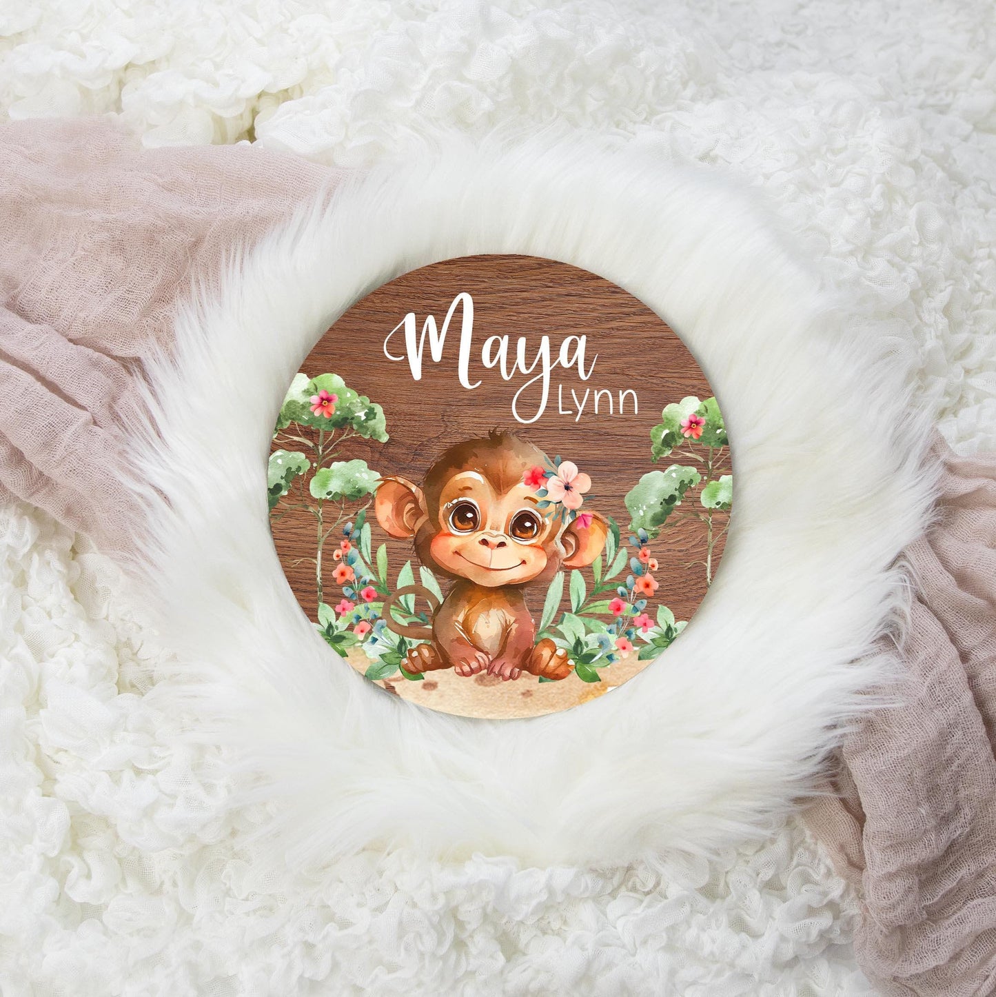 Girl Monkey Safari Round Wood Name Sign