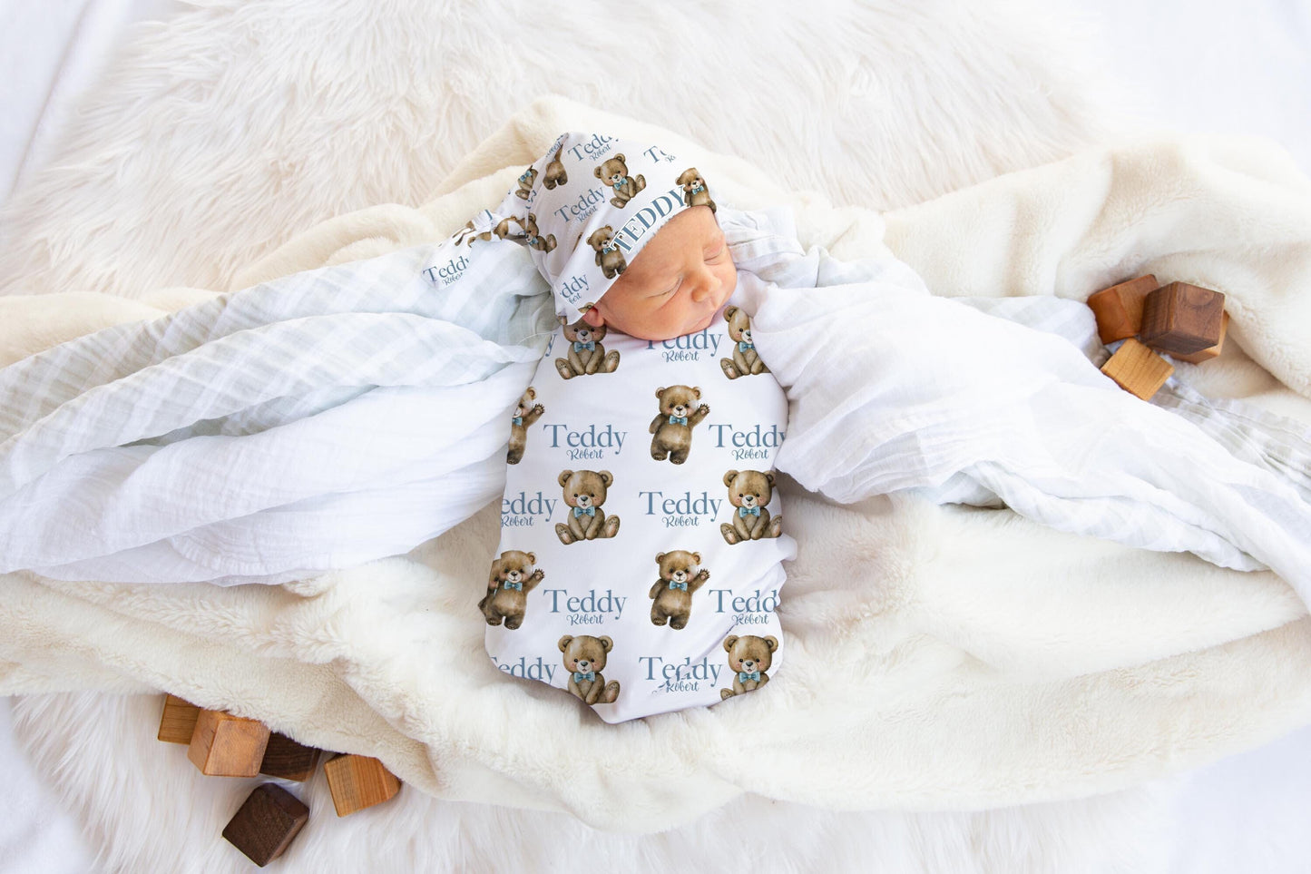 Boy Teddy Bear Swaddle Set