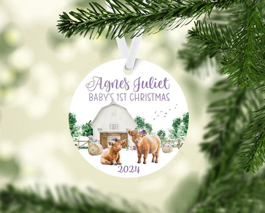 Girl Highland Cow Baby 1st Christmas Ornament, C31