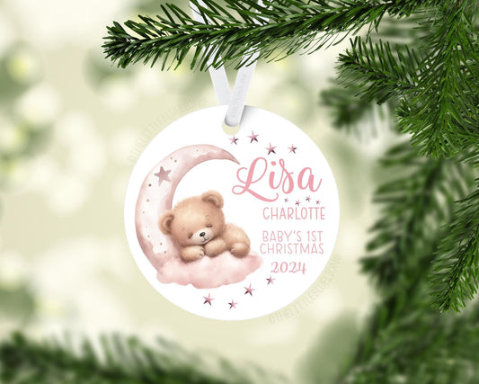 Bear Moon and Stars Baby 1st Christmas Ornament, Personalized Baby First Christmas Ornament, Baby Girl Ornament, Holiday Baby Ornament G70