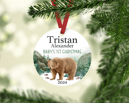 Bear Baby First Christmas Ornament, Personalized Baby Christmas Ornament, Woodland Bear Baby Boy Ornament, Holiday Baby Ornament W45