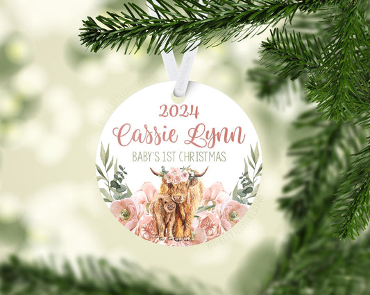 Girl Highland Cow Baby 1st Christmas Ornament, C19