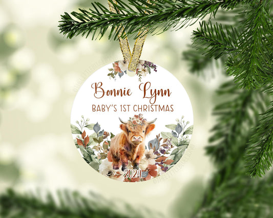 Girl Highland Cow Baby 1st Christmas Ornament, C52