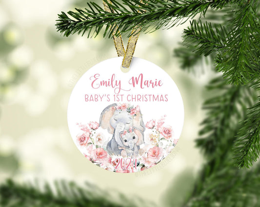 Elephant Baby 1st Christmas Ornament, Personalized Baby First Christmas Ornament, Baby Girl Safari Ornament, Holiday Baby Ornament S64