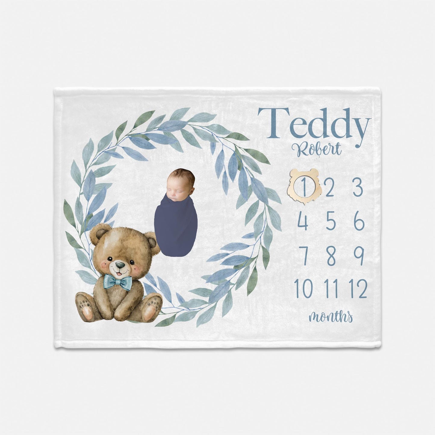 Boy Teddy Bear Personalized Baby Milestone Blanket