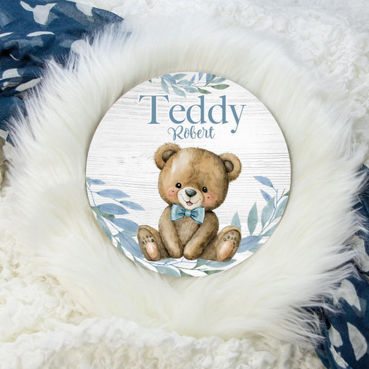 Teddy Bear Round Wood Name Sign, Boy