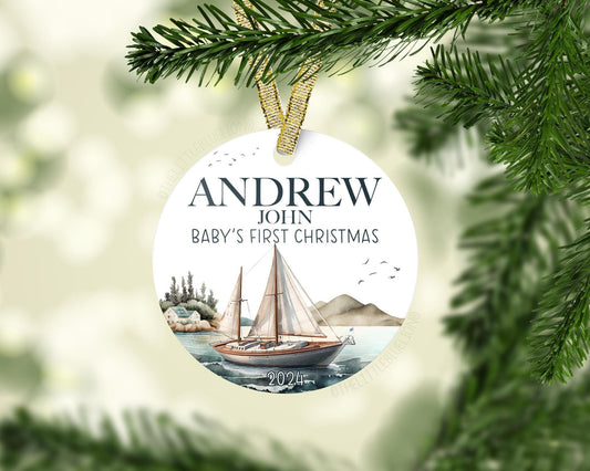 Nautical Baby First Christmas Ornament, Personalized Baby Christmas Ornament, Sail Boat Baby Boy Ornament, Holiday Baby Ornament O41