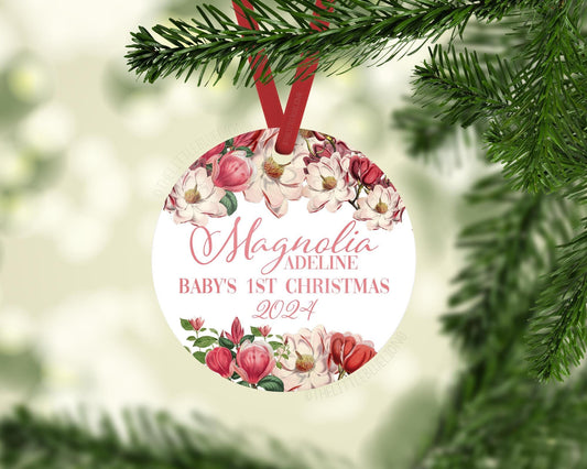 Magnolia Floral Baby 1st Christmas Ornament, F90