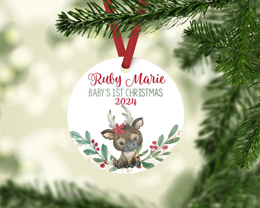 Girl Reindeer Baby First Christmas Ornament,