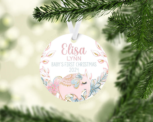 Elephant Baby 1st Christmas Ornament, Personalized Baby First Christmas Ornament, Baby Girl Safari Ornament, Holiday Baby Ornament S41