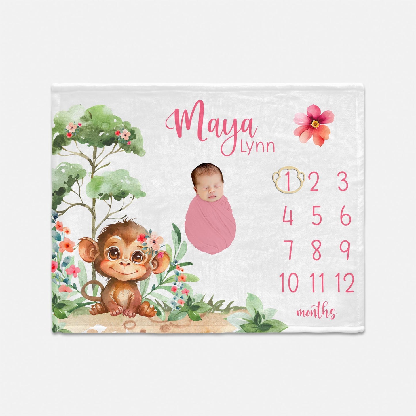 Girl Monkey Baby Milestone Blanket, Safari