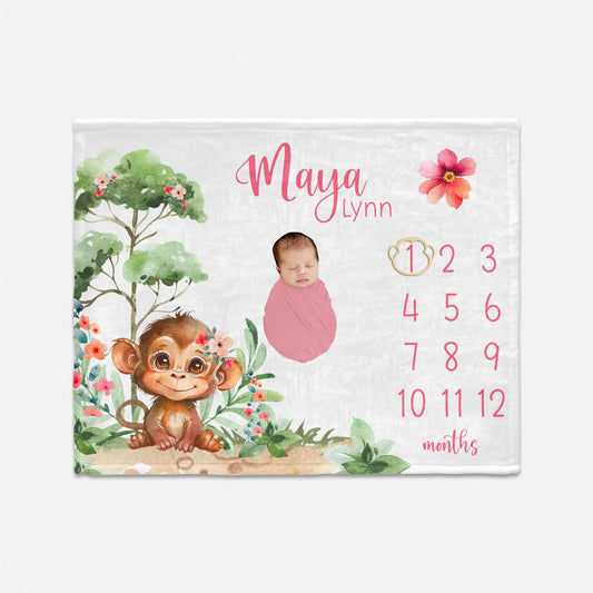 Girl Monkey Baby Milestone Blanket, Safari