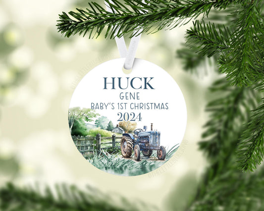 Blue Tractor Baby First Christmas Ornament, Personalized Baby Christmas Ornament, Farm Tractor Baby Ornament, Holiday Baby Ornament C40