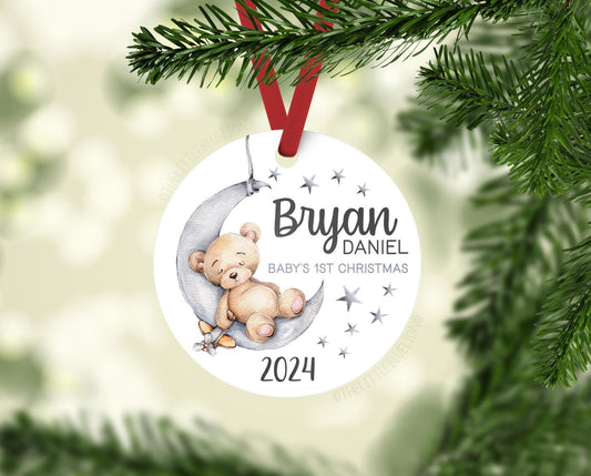 Bear Moon and Stars Baby 1st Christmas Ornament, Personalized Baby First Christmas Ornament, Baby Boy Ornament, Holiday Baby Ornament B28