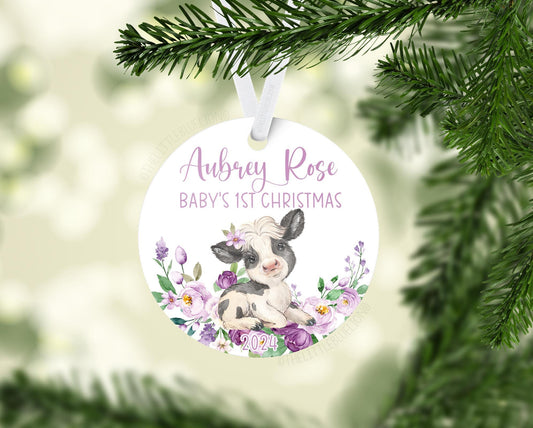 Lavender Floral Cow Baby 1st Christmas Ornament, C42