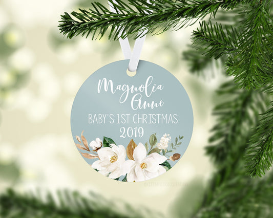 Magnolia Floral Baby 1st Christmas Ornament, F6