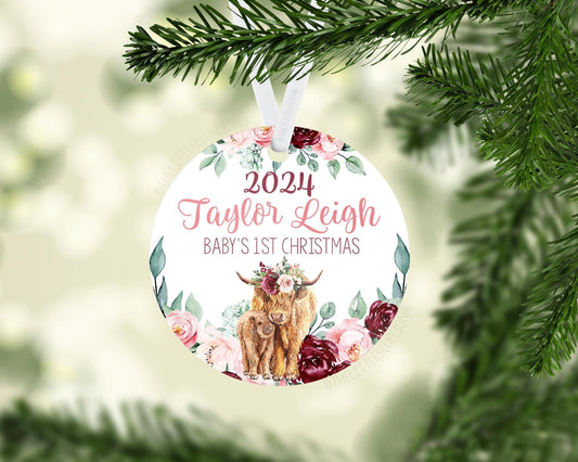 Girl Highland Cow Baby 1st Christmas Ornament, C19