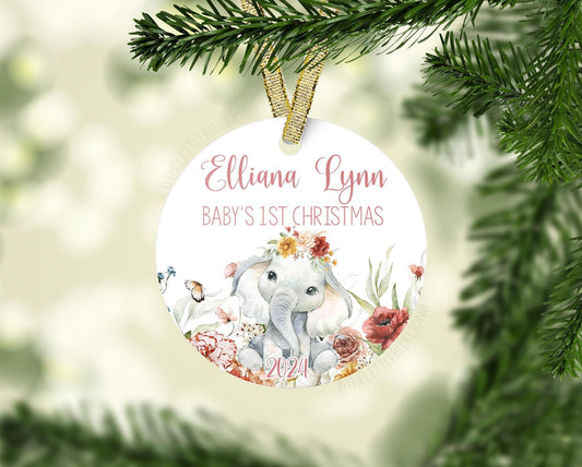 Boho Elephant Baby 1st Christmas Ornament, Personalized Baby First Christmas Ornament, Baby Girl Safari Ornament, Holiday Baby Ornament S62