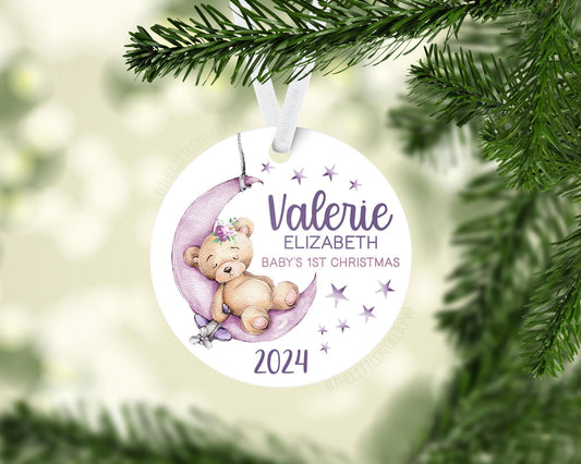 Bear Moon and Stars Baby 1st Christmas Ornament, Personalized Baby First Christmas Ornament, Baby Girl Ornament, Holiday Baby Ornament G26