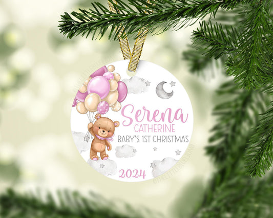 Girl Teddy Bear Baby 1st Christmas Ornament, T57