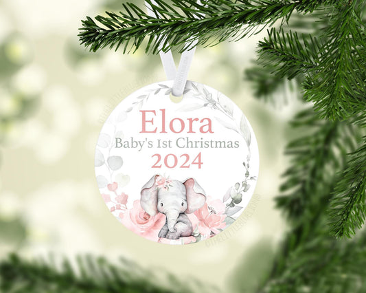 Elephant Baby 1st Christmas Ornament, Personalized Baby First Christmas Ornament, Baby Girl Safari Ornament, Holiday Baby Ornament S27